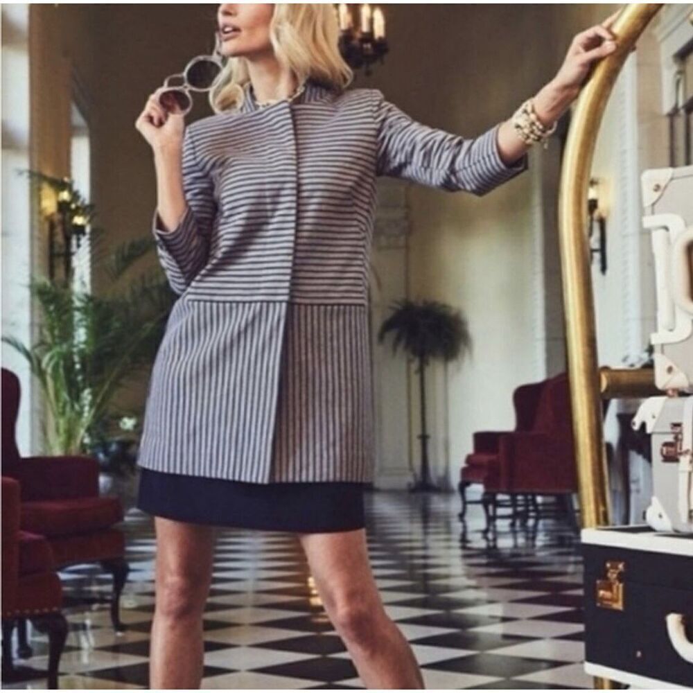 Cabi Striped Longline Car Coat Cotton Blend Gray Women’s M